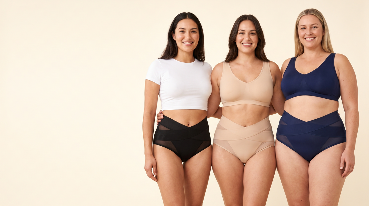 Three women wearing criss-cross tummy control panties in black, beige and navy