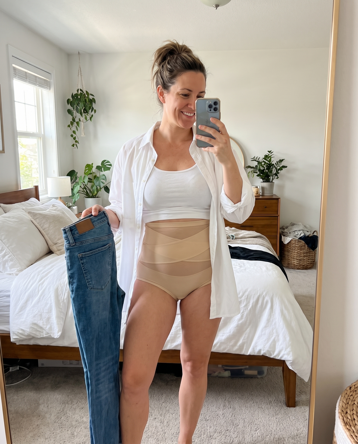 Getting dressed in the morning in beige tummy control panties