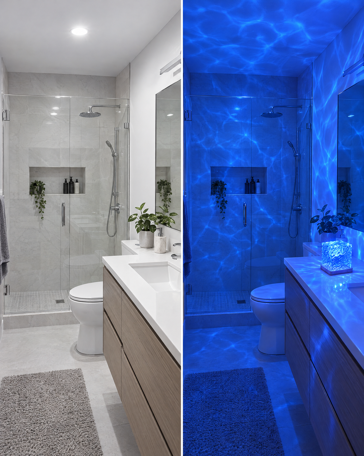 Same bathroom: harsh overhead light versus calm ocean glow