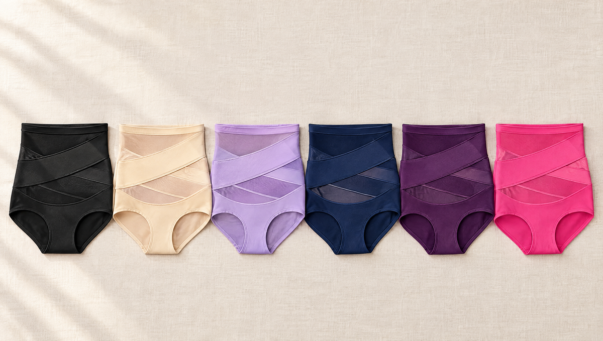 All six colors of the criss-cross tummy control panties