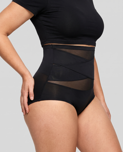 Criss-cross tummy control panties in black, side profile