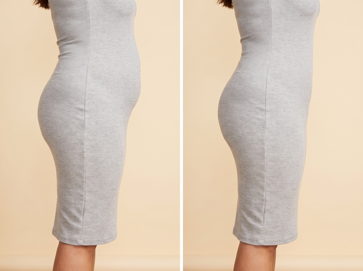 Illustration of a tummy without and with the panties under a grey dress
