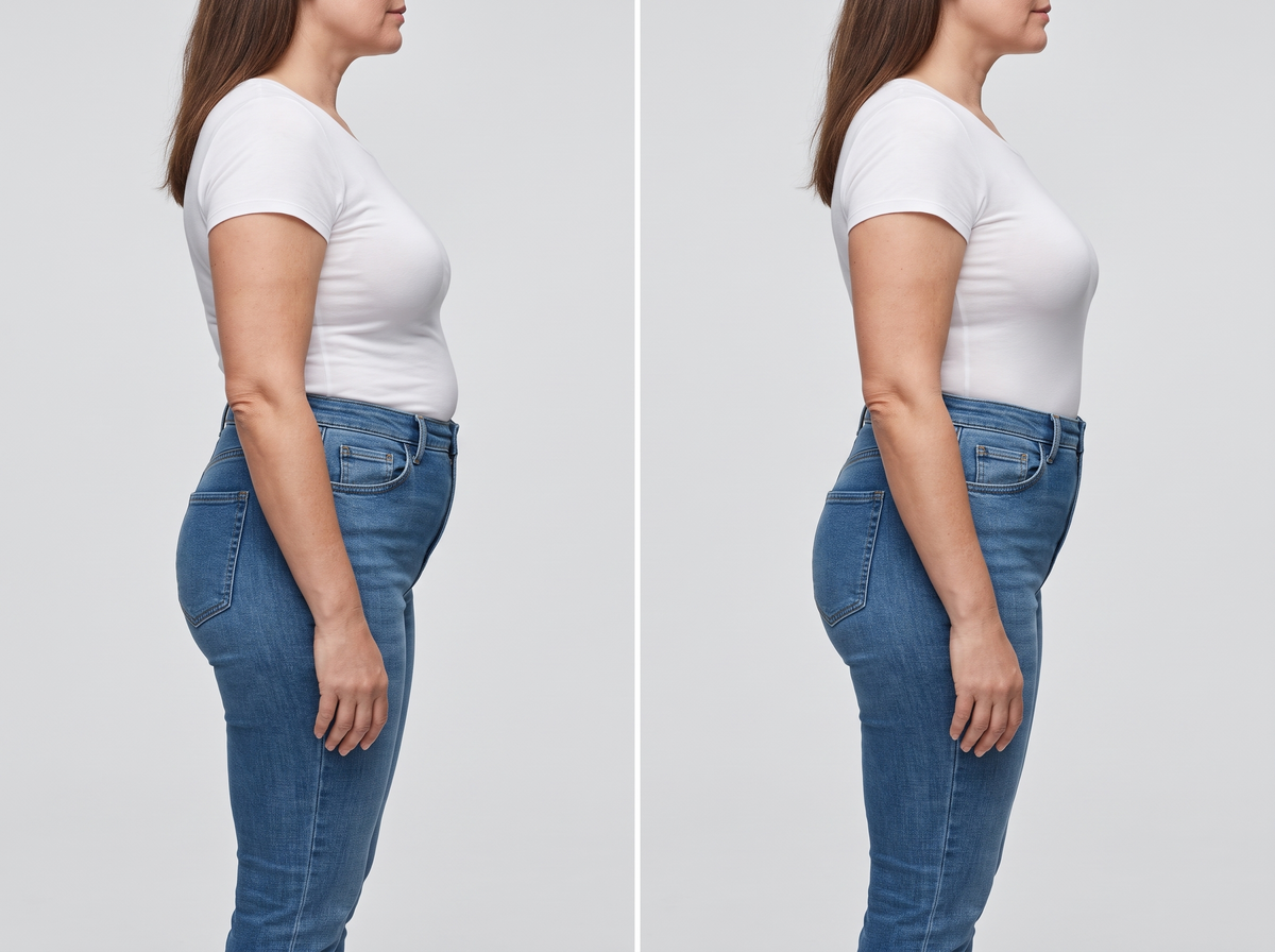 Illustration of a tummy without and with the panties under jeans