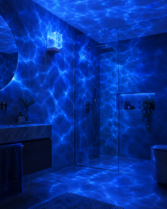 Soft Wave Lamp mounted high on a bathroom wall, filling the room with an underwater glow