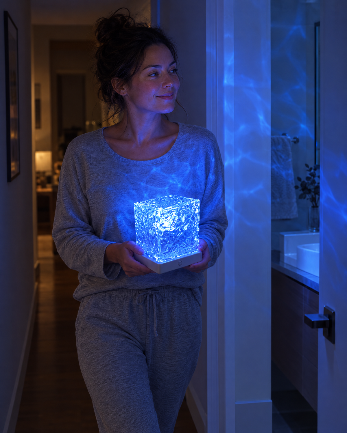 Carrying the cordless lamp into the bathroom