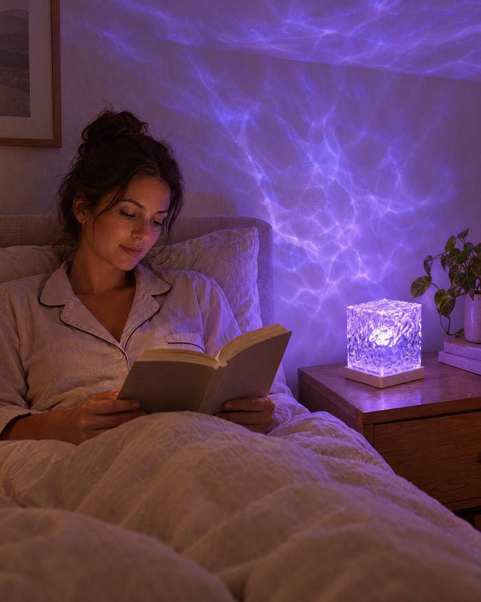 Reading in bed under soft purple ripple light